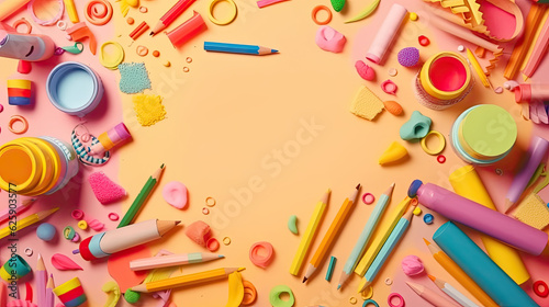 Frame made of different school supplies on color background, top view. Space for text