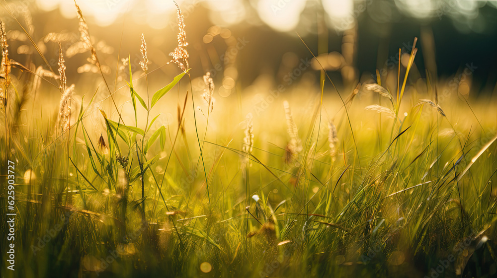 Grass with dew on a meadow at sunset. Nature background
