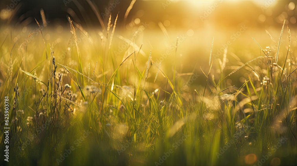 Sunset in the meadow with dew drops and grass.