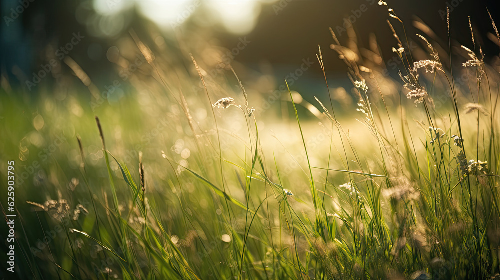Green grass in the meadow at sunset. Shallow depth of field.
