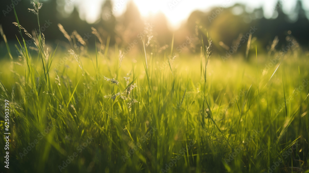 Sunset in the meadow with green grass, shallow depth of field