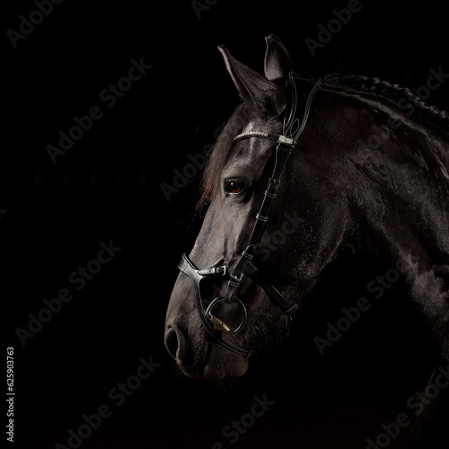 Friesian horse in front of a black background  head portraits from the side in 1 1 format  photographed in the studio with flash..