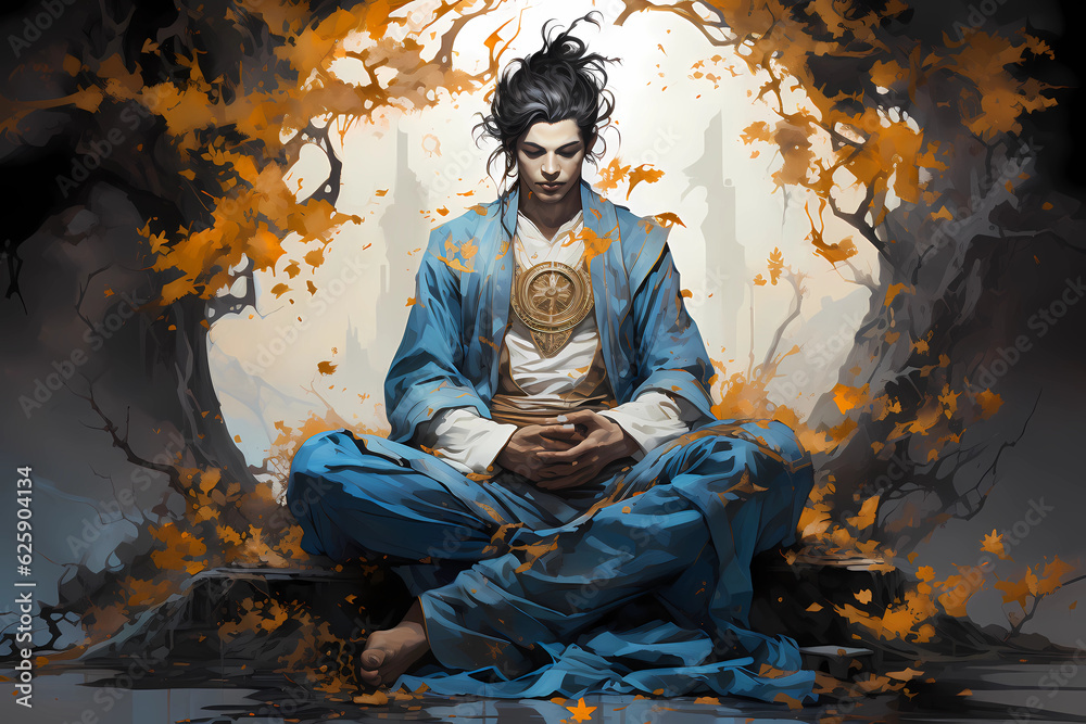 Fototapeta premium A young and handsome man sitting in a lotus pose and meditating, Generative AI