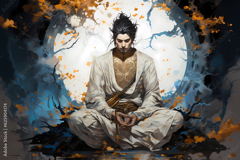 A king with his armor sitting and concentrating on his inner powers, Generative AI A king with his armor sitting and concentrating on his inner powers, Generative AI