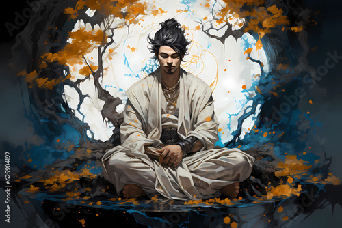 Painting of a warrior prince in deep meditation, generative AI