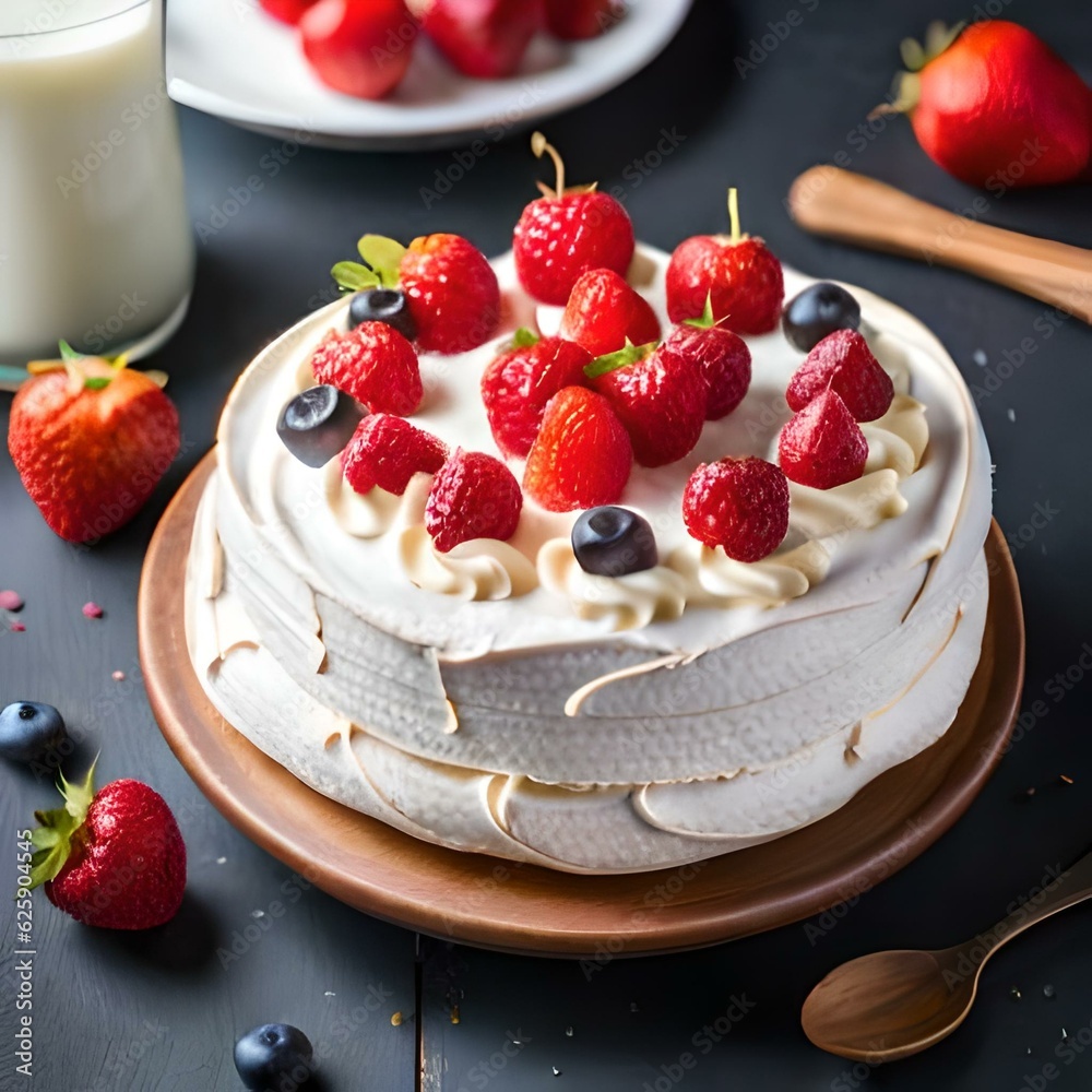 Dessert pavlova meringue with fruit on a neutral background created by AI Dessert pavlova meringue with fruit on a neutral background created by AI