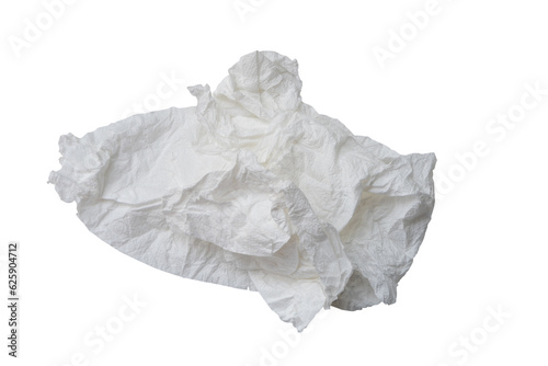 Single screwed or crumpled tissue paper or napkin in strange shape after use in toilet or restroom isolated on white background with clipping path.