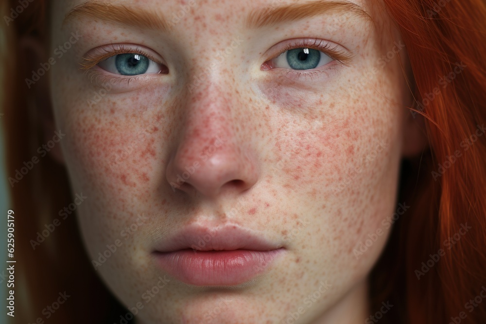 a close up of a woman with freckles,rosacea couperose redness skin.Generative Ai a close up of a woman with freckles,rosacea couperose redness skin.Generative Ai