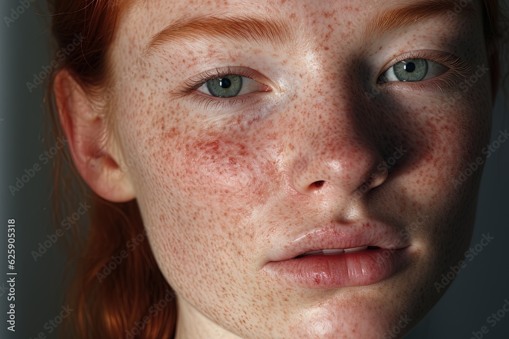 a close up of a woman with freckles,rosacea couperose redness skin.Generative Ai a close up of a woman with freckles,rosacea couperose redness skin.Generative Ai