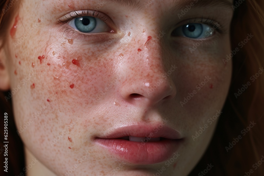 a close up of a woman with freckles,rosacea couperose redness skin.Generative Ai a close up of a woman with freckles,rosacea couperose redness skin.Generative Ai