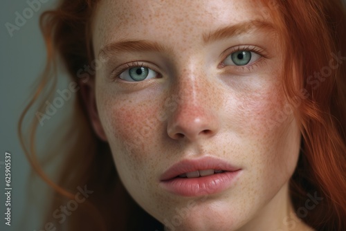 a close up of a woman with freckles,rosacea couperose redness skin.Generative Ai photo