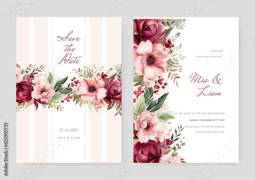 Canvas Print Watercolor wedding invitation template with romantic orange floral and leaves de