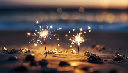 Sparklers at the beach for New Year or party with copy space