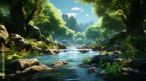 A gentle river flowing peacefully through a lush, enchanting forest, painting a serene and captivating picture of nature's harmony. (AI Generative)