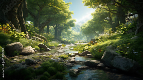 Amidst the verdant embrace of a magical forest, a meandering river adds a touch of magic, inviting one to wander and explore. (AI Generative)