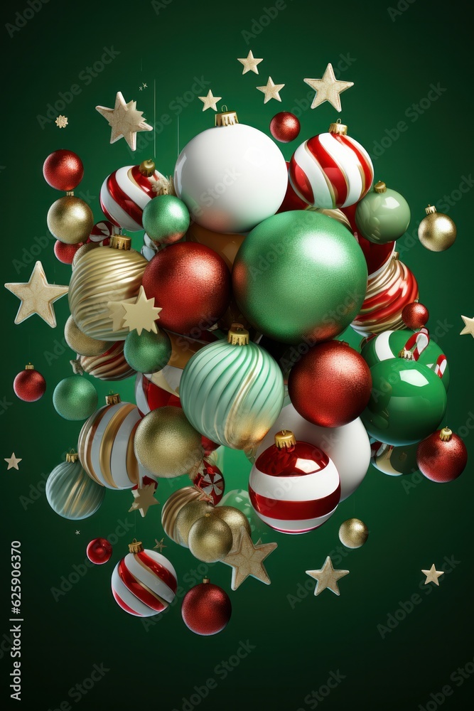 Naklejka premium 3d rendering of christmas baubles on a green background