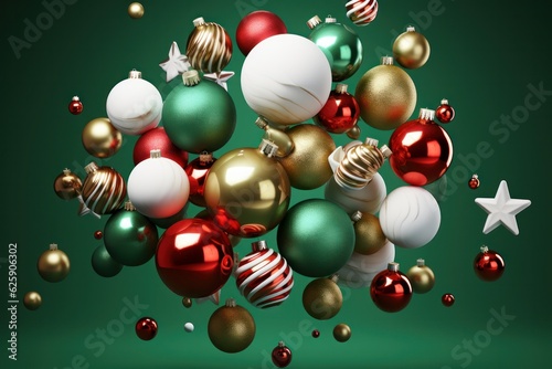 3d rendering of christmas balls on green background with copy space