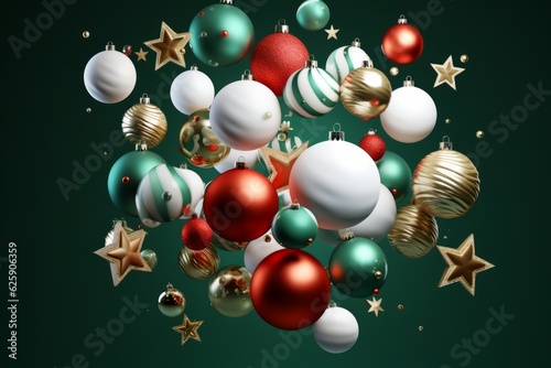 3d render of christmas baubles falling on green background