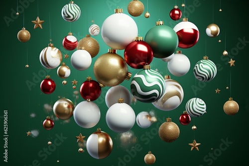 3d render of christmas baubles on a green background