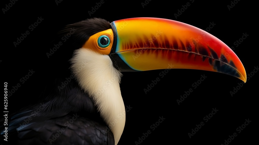 Naklejka premium The Toucan Toco head isolatated on the black background. Generative AI