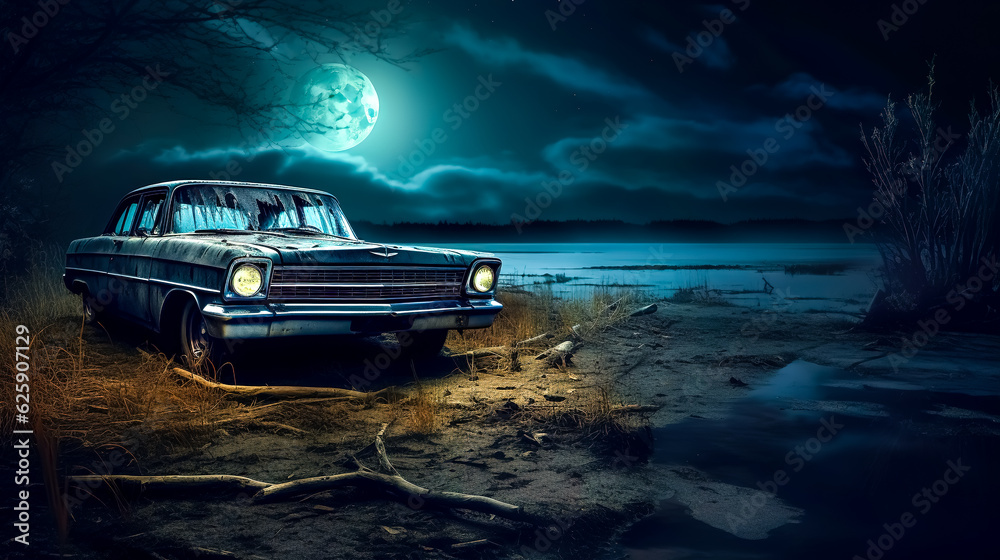 old car on the shore of the lake at sunset, made with Generative AI old car on the shore of the lake at sunset, made with Generative AI