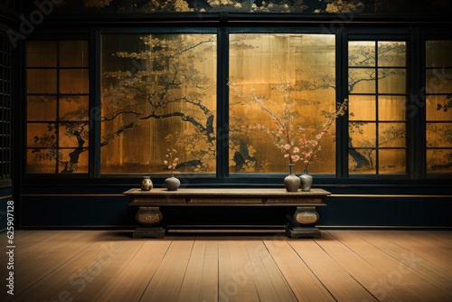 Japanese style room with a window and wooden floor, 3d rendering.