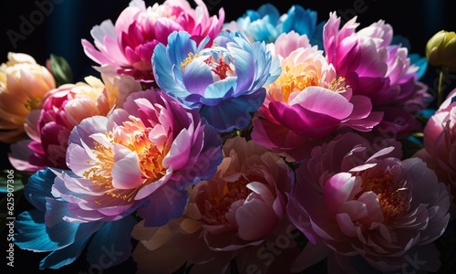 A stunning photo captures the beauty of spectral light illuminating a bouquet of transparent, bright, and deep-colored peonies in abstract flower art