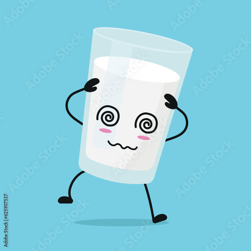 Cute dizzy milk glass character. Funny drunk milk cartoon emoticon in flat style. dairy emoji vector illustration