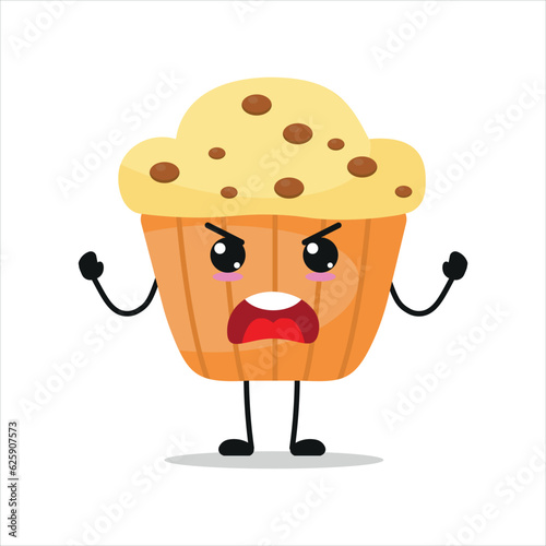 Cute angry muffin character. Funny furious cupcake cartoon emoticon in flat style. bakery emoji vector illustration