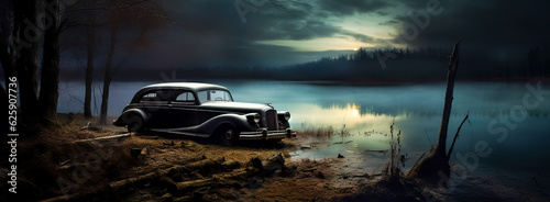 retro old car on the shore of the lake at sunset, banner made with Generative AI