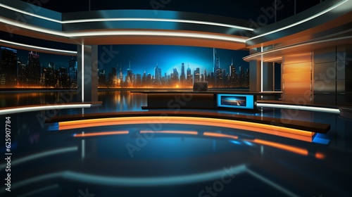 Tv Studio. News studio. News room. Background for newscast. Backdrop for video or photo production. Generative AI technology.V