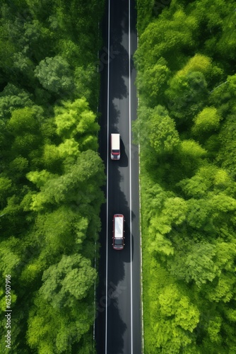 Aerial view of two cars on the road in the green forest