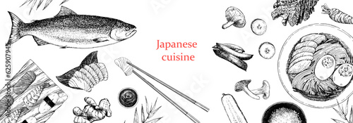 Japanese Restaurant Menu. Hand-drawn illustration of dishes and products. Ink. Vector