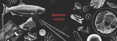 Japanese Restaurant Menu. Hand-drawn illustration of dishes and products. Ink. Vector