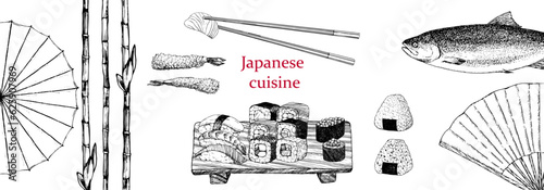 Japanese Restaurant Menu. Hand-drawn illustration of dishes and products. Ink. Vector