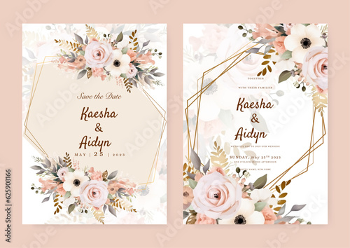 Soft pink floral wedding invitation and menu template