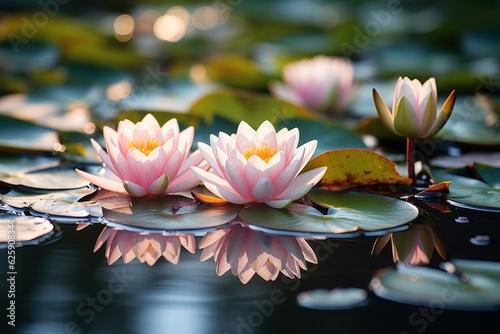 Beautiful pink water lily or lotus flower blooming on pond