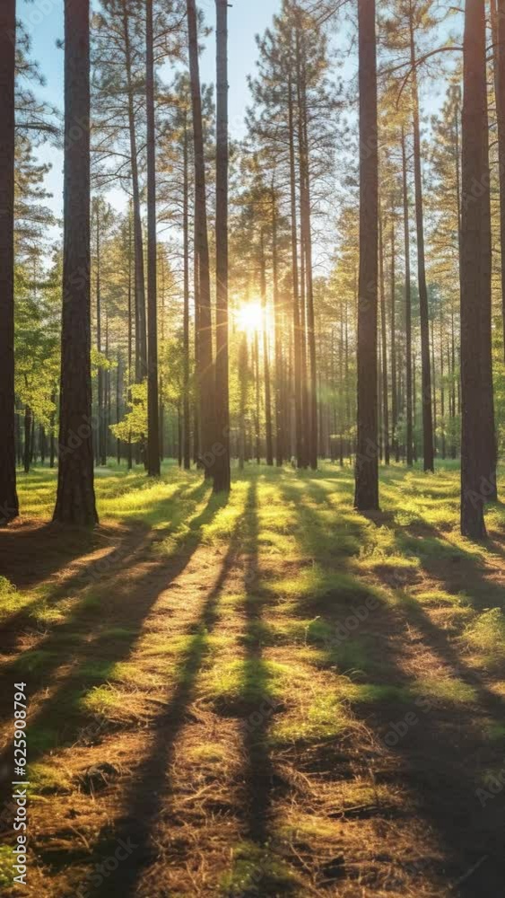 Green forest in the morning. Pine trees in the forest. Vertical video Green forest in the morning. Pine trees in the forest. Vertical video