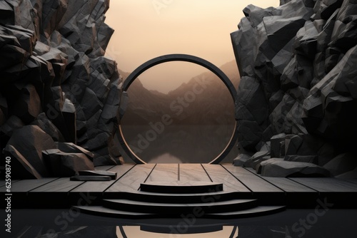3D render of a stage in the desert with a round mirror