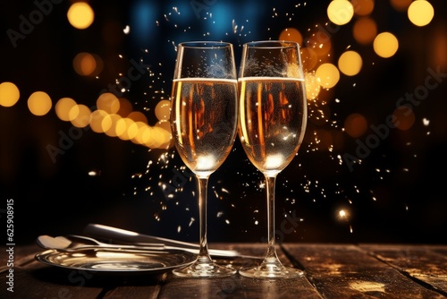 Glasses of champagne on wooden table against bokeh lights background