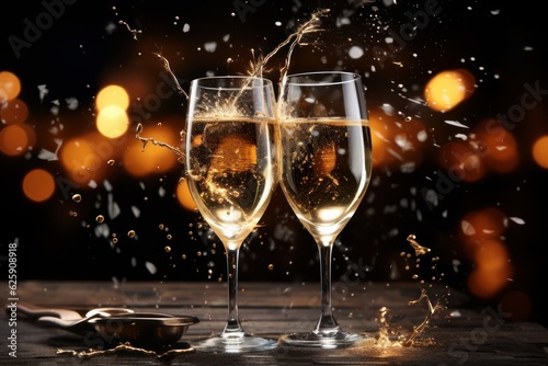 Glasses of champagne with splash on wooden table against bokeh background