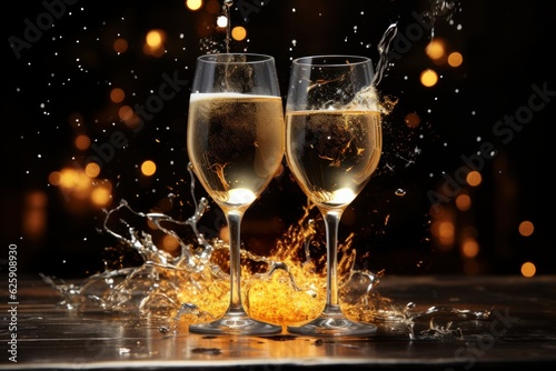 Glasses of champagne with splash and bokeh lights on background