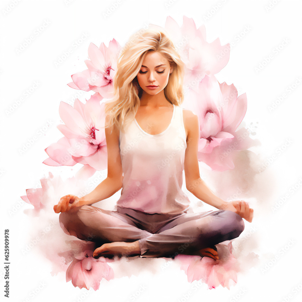 Watercolor Illustration of a Woman Meditating - Embracing Zen, Relaxation, Yoga, and Nature