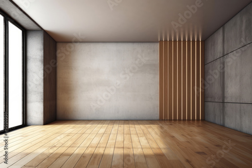 Empty room with concrete wall and wooden floor. 3D Rendering © Angus.YW