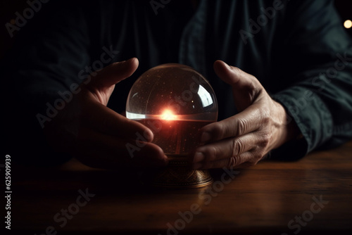Fortune teller woman holding bottle with potion with crystal ball in the background Generative AI
