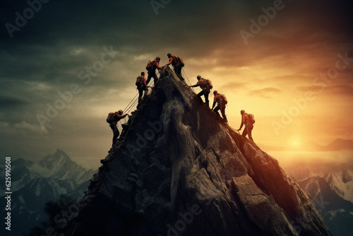 The silhouette Team work climbing and helping to top of mountain under sunset sky . The concepted of teamwork goal success . Generative AI photo