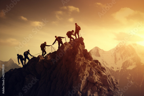 The silhouette Team work climbing and helping to top of mountain under sunset sky . The concepted of teamwork goal success . Generative AI