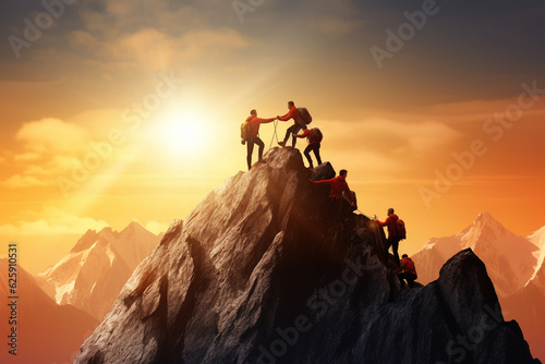 The silhouette Team work climbing and helping to top of mountain under sunset sky . The concepted of teamwork goal success . Generative AI