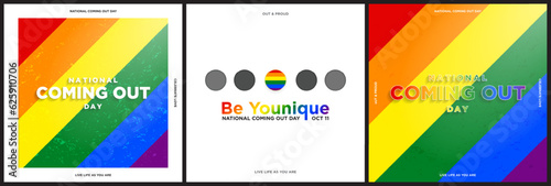 Set of National Coming Out Day Greeting Card concepts. Rainbow Pride Flag background with sunshine and lettering. Be younique. Pride Flag colors. Vector Illustration. Celebrated on October 11.