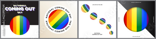 Set of Geometric National Coming Out Day Concept Artworks and Greeting Cards. Retro typography and textured rainbow pride flag. Minimalism poster template art style. Editable Vector Illustration.
